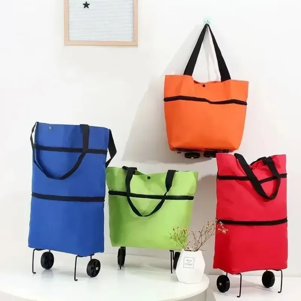 

2 in 1 Foldable Shopping Bag with Wheel Waterproof Large Capacity Grocery Bag Oxford Cloth Lightweight Shopping Trolley