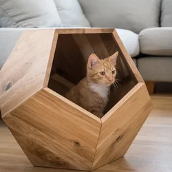 Modern Natural Solid Wood Cat Bed Cave Multipurpose Pet Furniture With Oak Wood Side Table Natural Oak Finish