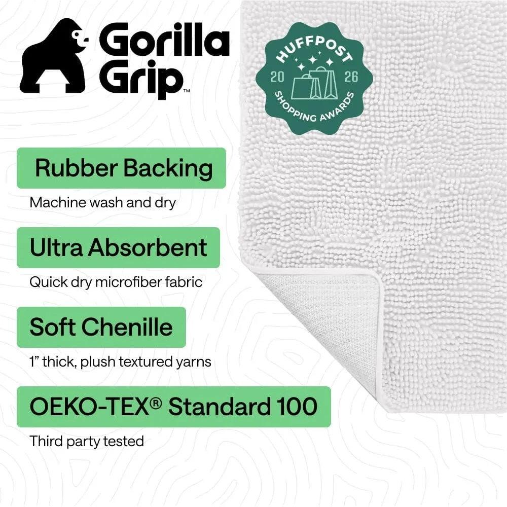 Ultra Soft Chenille Bath Rug, Absorbent Quick Dry Microfiber, Non-Slip Rubber Backing, Machine Washable Bathmat, 24x17 White