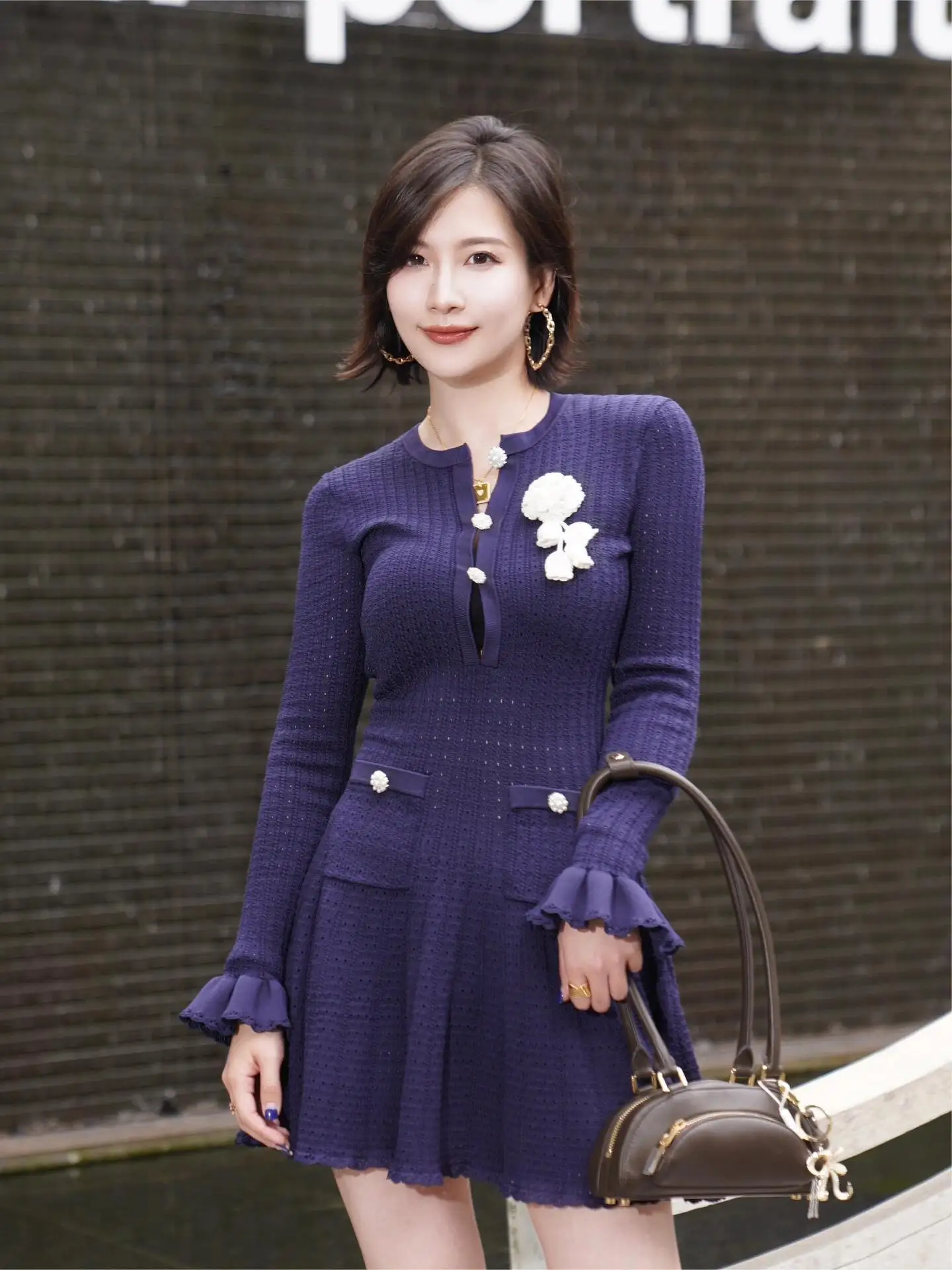 

Navy Blue Short Skirt Hollow Hook Rib Knitted Long-sleeved Dress Luxury Designer Brand 25 Autumn and Winter New Styleparty Dress