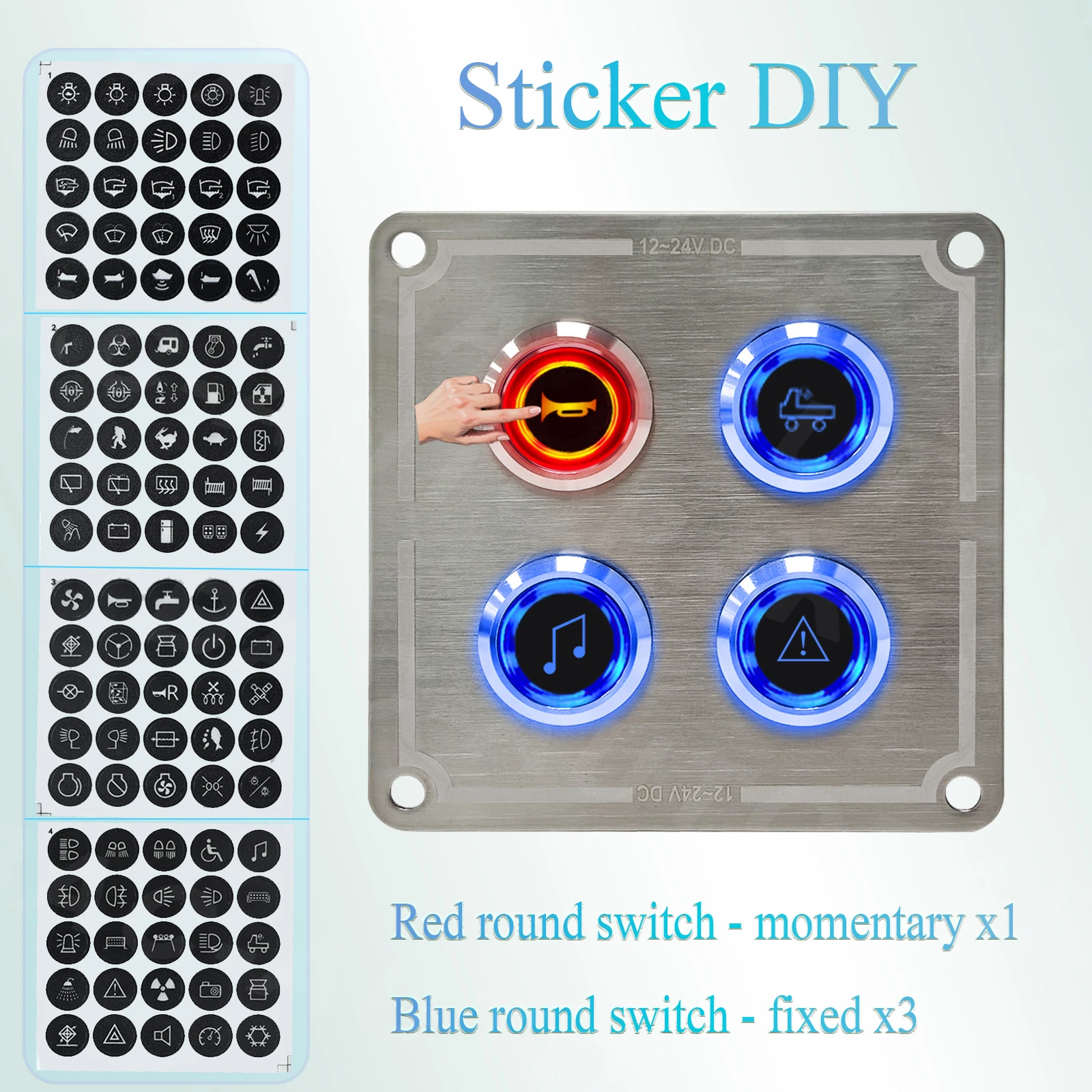 12V 24V Marine Boat Car Switch Panel Stainless Steel Waterproof Push Button Momentary ON OFF Backlight Fuse Holder 15A Pre-Wired