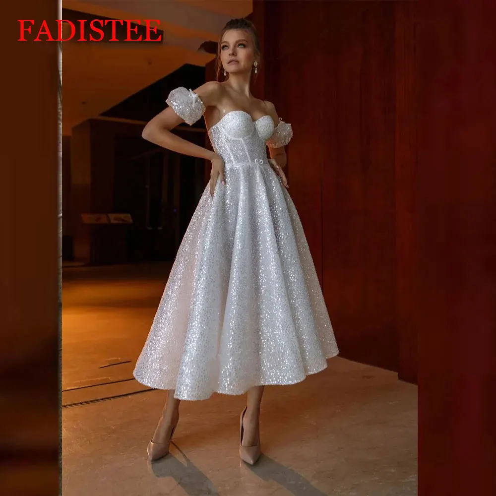 Customized Sexy Sweetheart Sequins Summer Prom Dress With Detachable Short Sleeves Tea-Length Robe De Glitter Sheer Back 2025