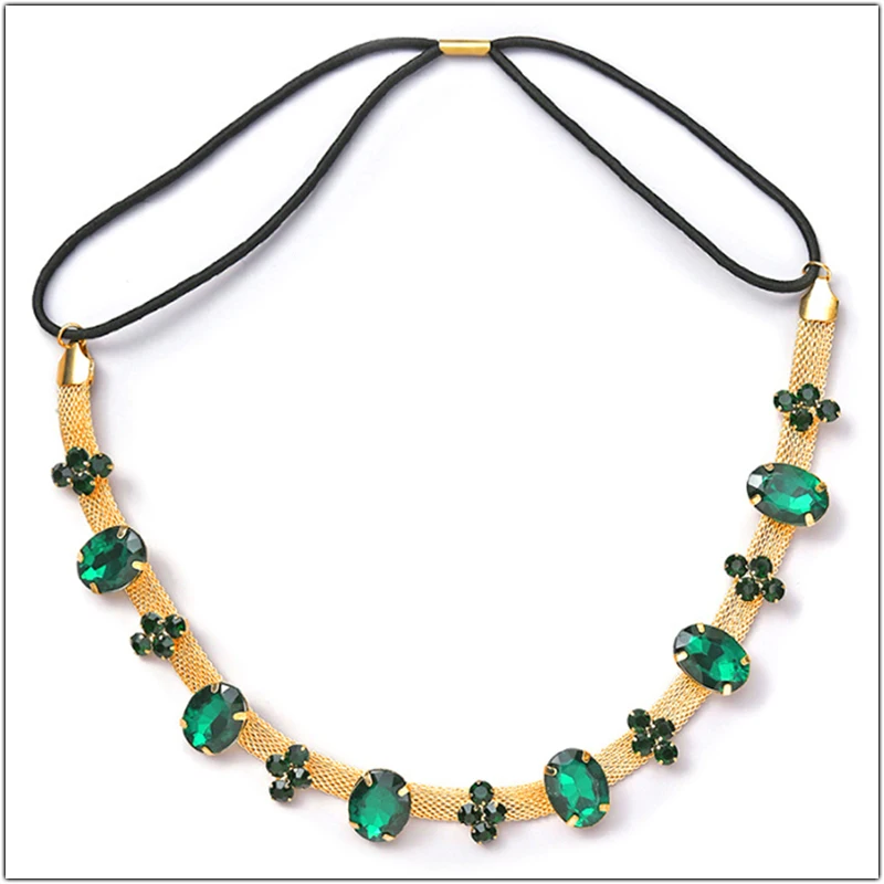 الأخضر حجر الراين رئيس سلاسل عقال مطاطا قابل للتعديل هيرباند الزفاف الزفاف الشعر التبعي كريستال خوذة الشعر الحلي #1