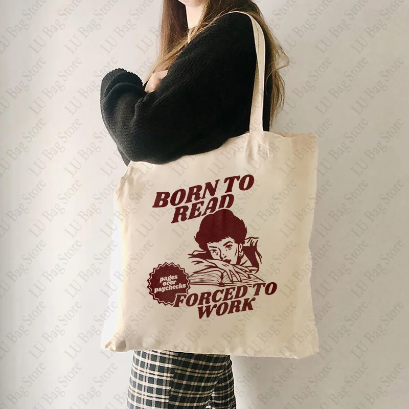 Born To Read Bookish Pattern Tote Bag Canvas Shoulder Bags Women\'s Reusable Shopping Bag Book Lover Bookish Gift for Her