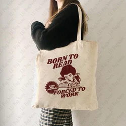 Born To Read Bookish Pattern Tote Bag Canvas Shoulder Bags Women's Reusable Shopping Bag Book Lover Bookish Gift for Her