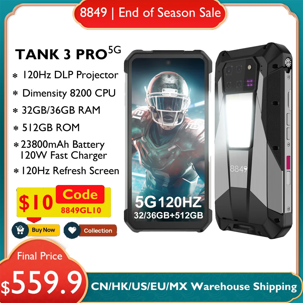 8849 Tank 3 Pro de Unihertz Proyector resistente Smartphone Android 23800mAh 32/36GB RAM 512GB ROM 5G 120W Cargador OTG Teléfono