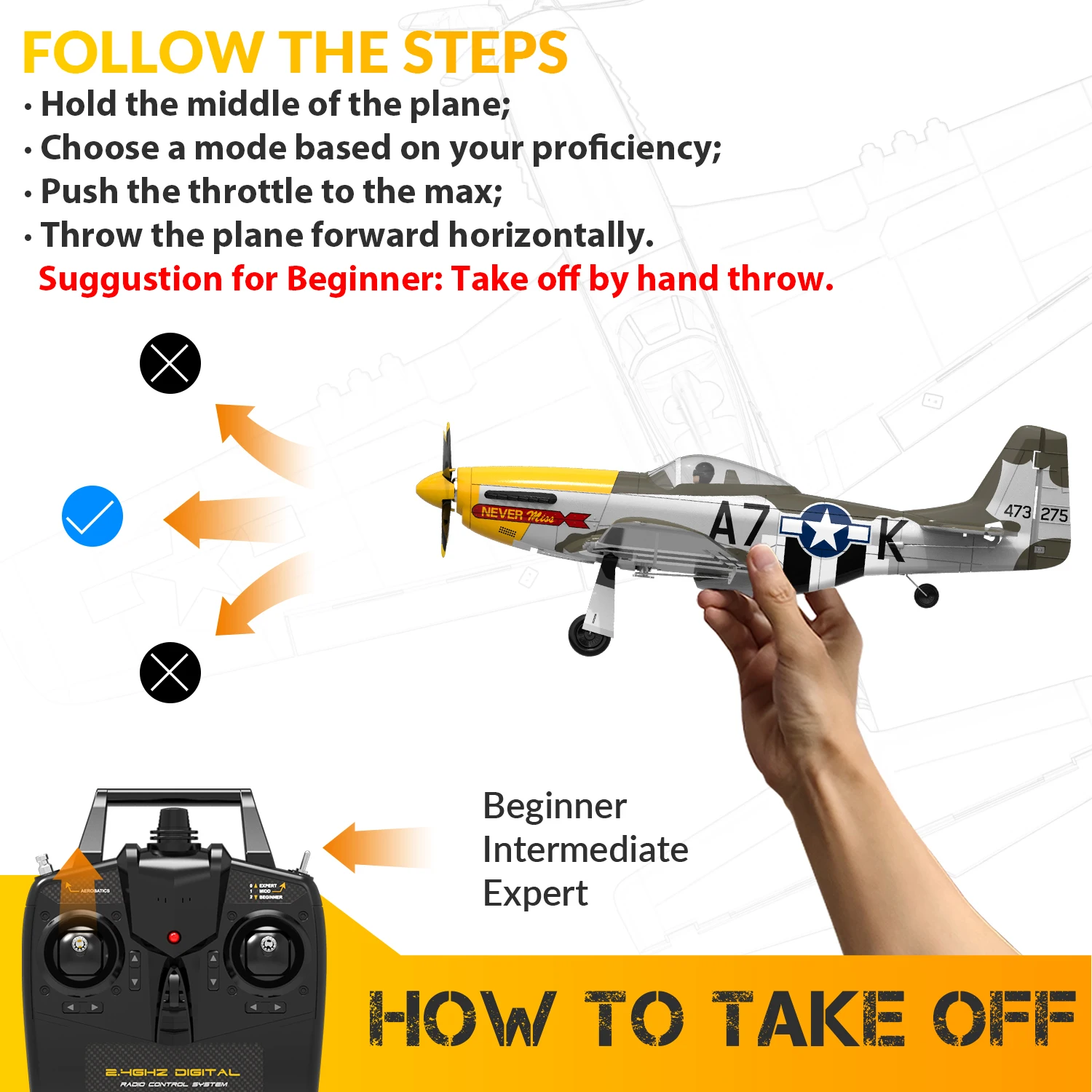 Volantex 500mm RC Plane,Brushless P-51 Mustang RTF RC plane,One-Key Aerobatic, Stable and Safe,Suitable for Outdoors and gifts