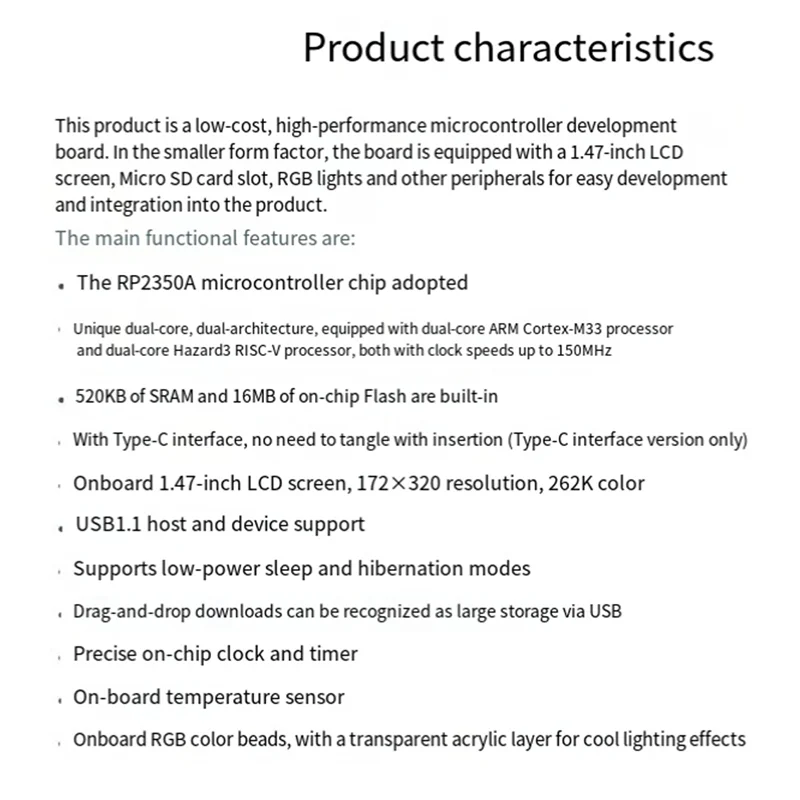 RP2350 1.47Inch LCD Development Board ARM Cortex-M33 With RGB Lamp Beads5 172X320 16MB Flash LCD-1.47 TYPE-C A