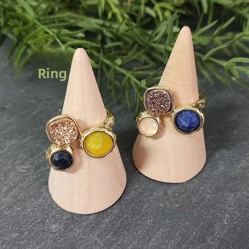 

Gold Plated l Crystal Tri-Head Ring Faion Irregular Stone Ring Lazuli Unique Design Luxury Sle Universal Accory