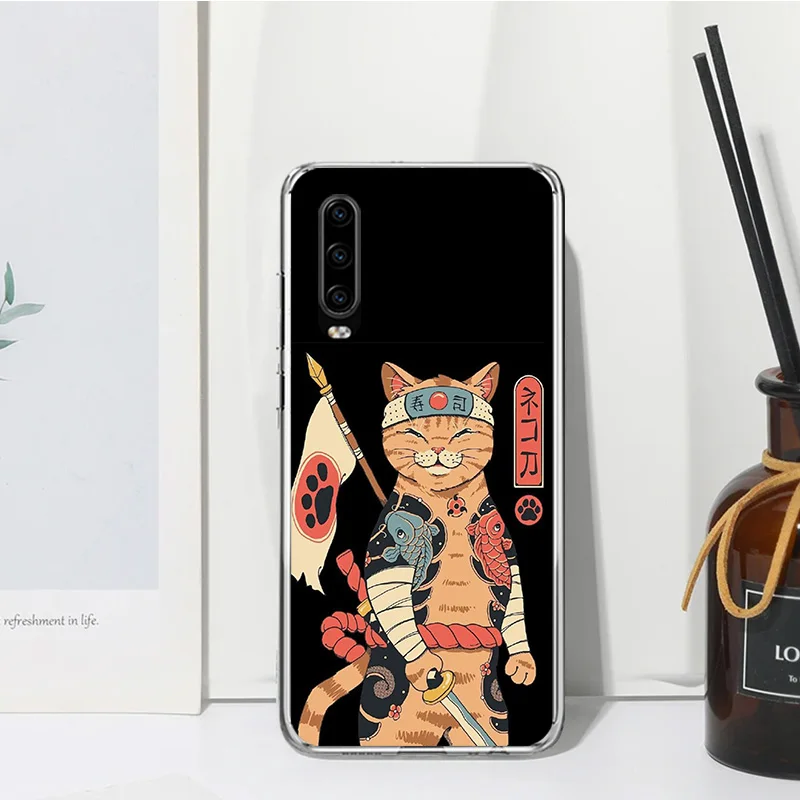 Ramen Sushi Samurai Tattoo Cat Phone Case For Huawei P30 P40 P20 P10 Lite Mate 20 10 Pro Y5 Y6 Y7 Y9S P Smart Z Fundas Back Cove