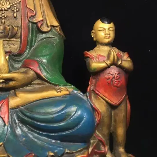 

12"Xizang Folk Collection Old Bronze Painted Children-Sending Guanyin Bodhisattva Sitting Buddha Worship Hall Town house