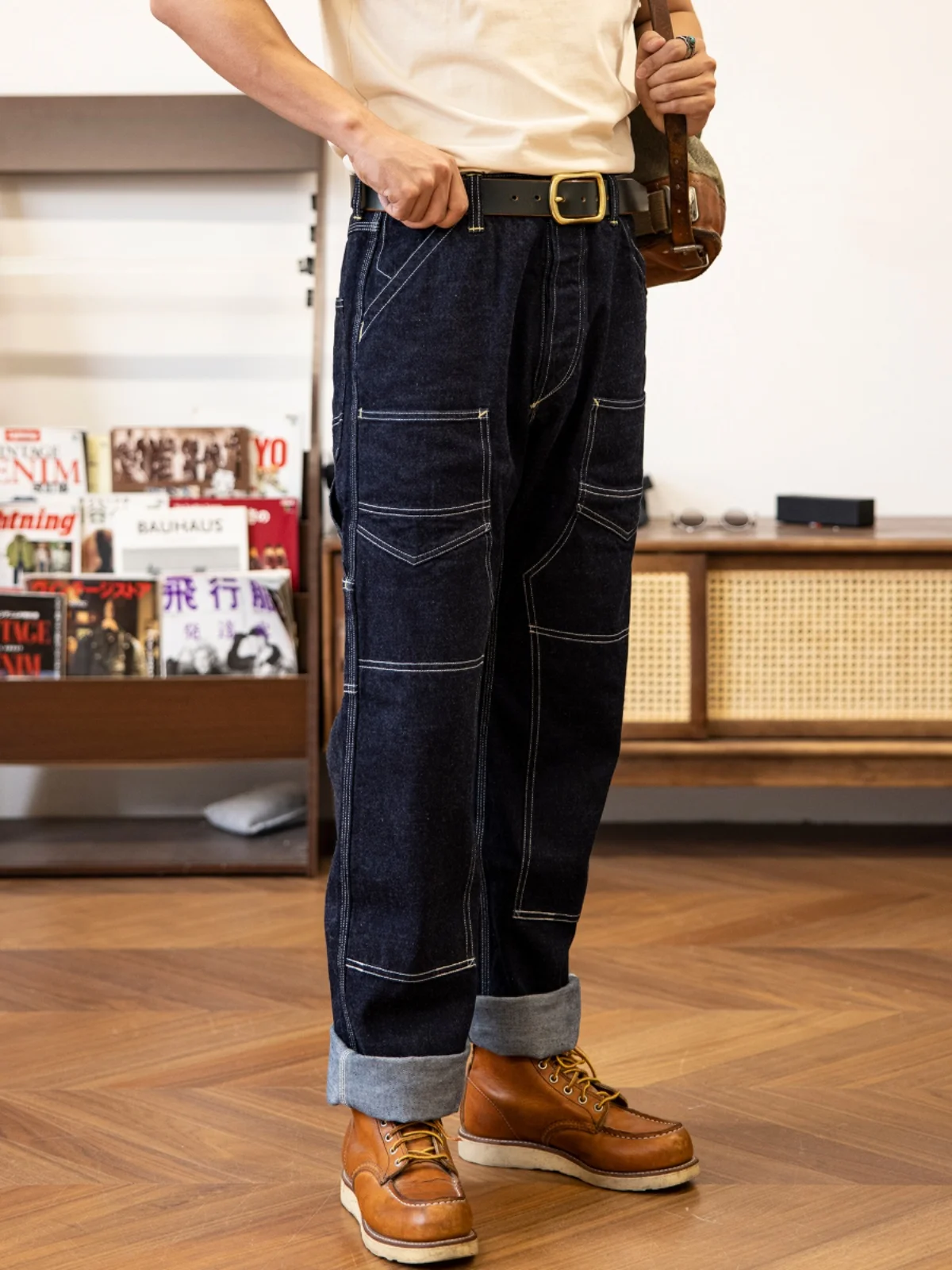 

Джинсы с тремя булавками в стиле ретро Red Wind, свободные прямые брюки-карго из необработанной коровьей джинсовой ткани Ame Kaji со средней талией