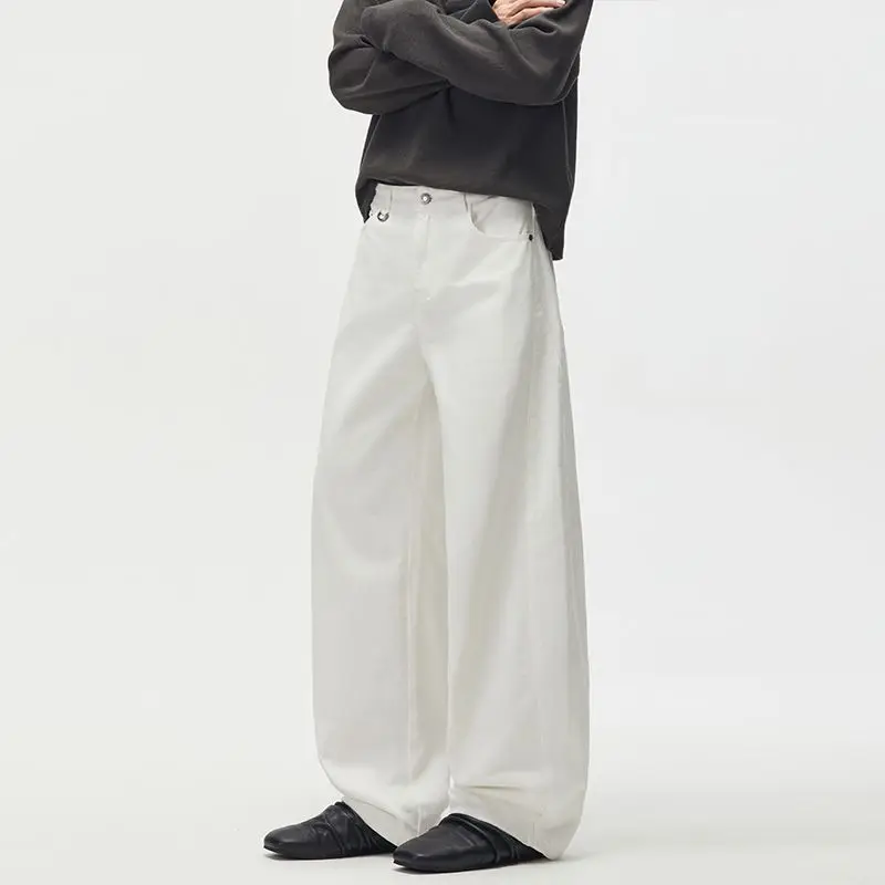 American Retro White Casual Pants for Men, Versatile and Height-Enhancing, with Curved Patchwork Design, New Spring and Autumn Cleanfit Loose Wide-Leg Pants