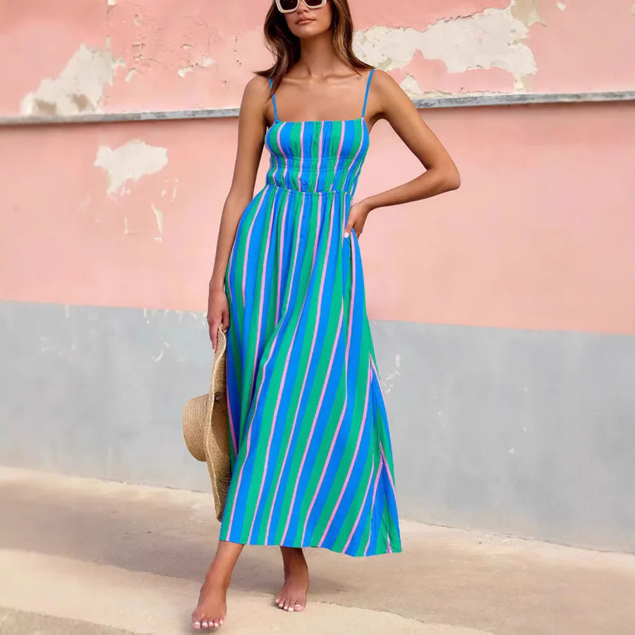 

2025 Summer New Women Elegant Temperament Style Beach Vacation Dress Stripe Print Suspender Backless Casual Long A-line Dresses