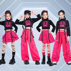 Girls Jazz Dance Clothes Hip Hop Fashion Suit Kids K-Pop Stage Performance Costume Black Tops Pink Skirt Pants Dance Wear AMY804