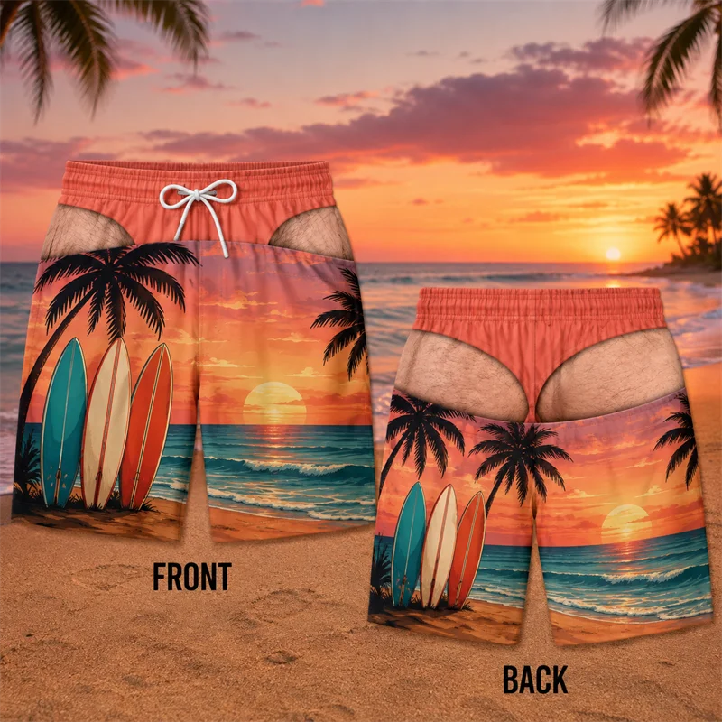Summer 2026 Funny Fake Buttocks Board Shorts for Men Tropical Beach Swim Trunks Novelty Party Shorts Fun Gift for Him