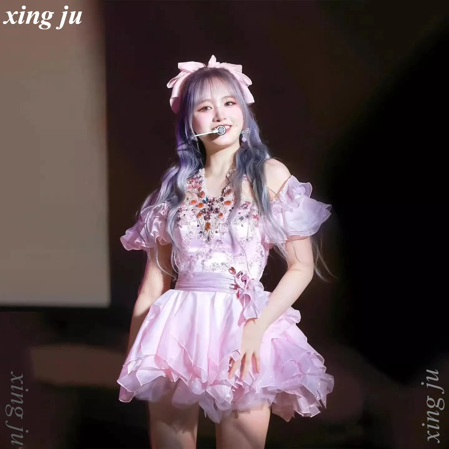 

Kpop Korean Group Jazz Dance Costumes Female DJ Singer Pink Rhinestone Strapless Halter Dress Concert Stage Performance Clothing