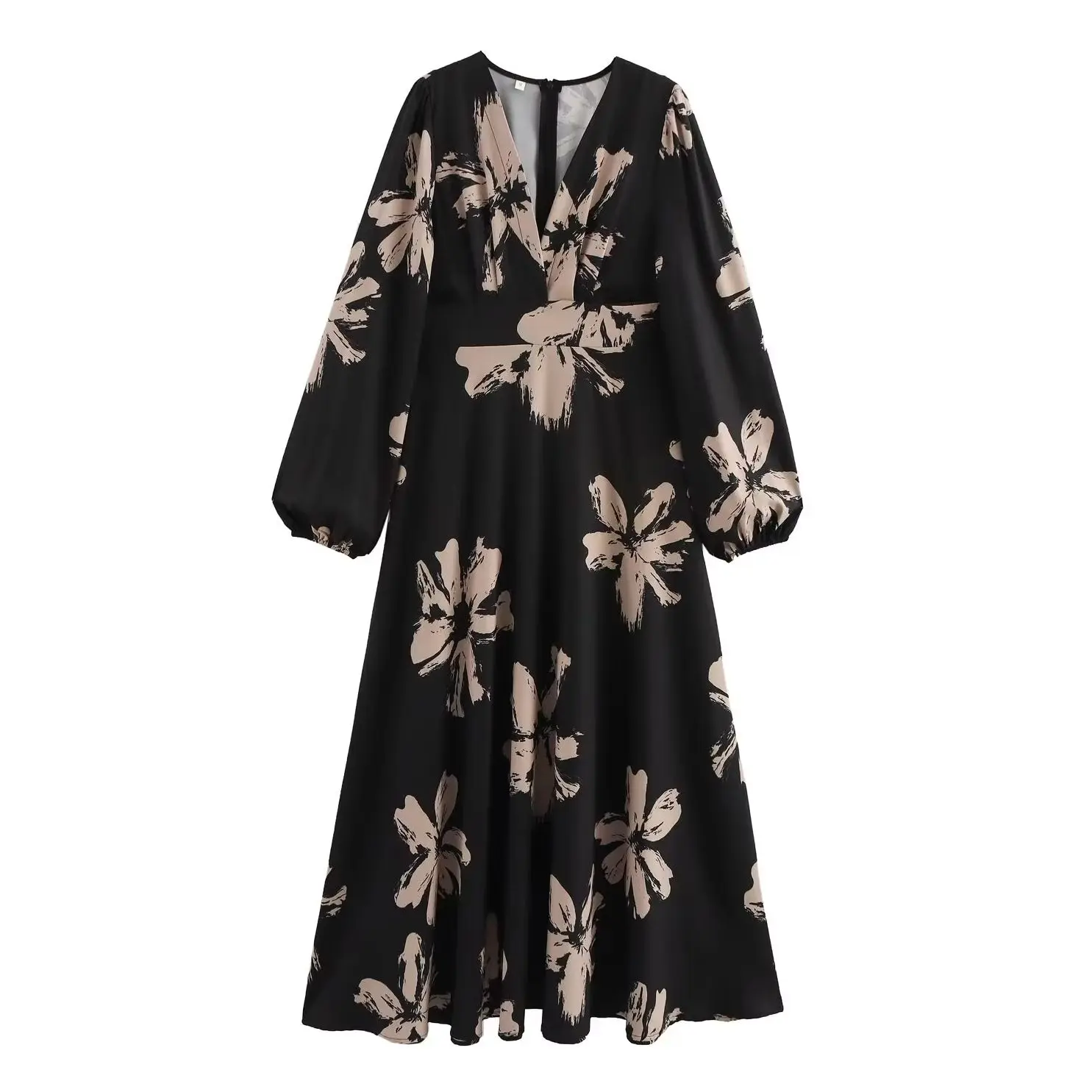 KONDALA elegante estampado de flores de manga larga de cintura alta Vestido de mujer moda 2025 primavera cuello en V Vestido largo drapeado Vestido Casual suelto