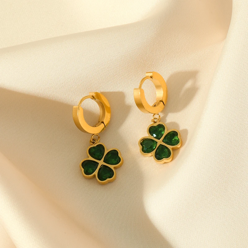 GANEMLY 316L Stainless Steel Green Clover Crystal Earrings For Women Fashion New Party Gift Ear Dangle Waterproof Jewelry Bijoux