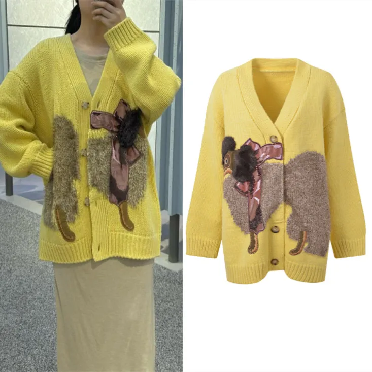 

High-End European Sle Loose Lazy Yellow Bow Tie Dog Sweater Coat V-Ne Knitted Open Cardigan Women's Anti-Aging Knitwear