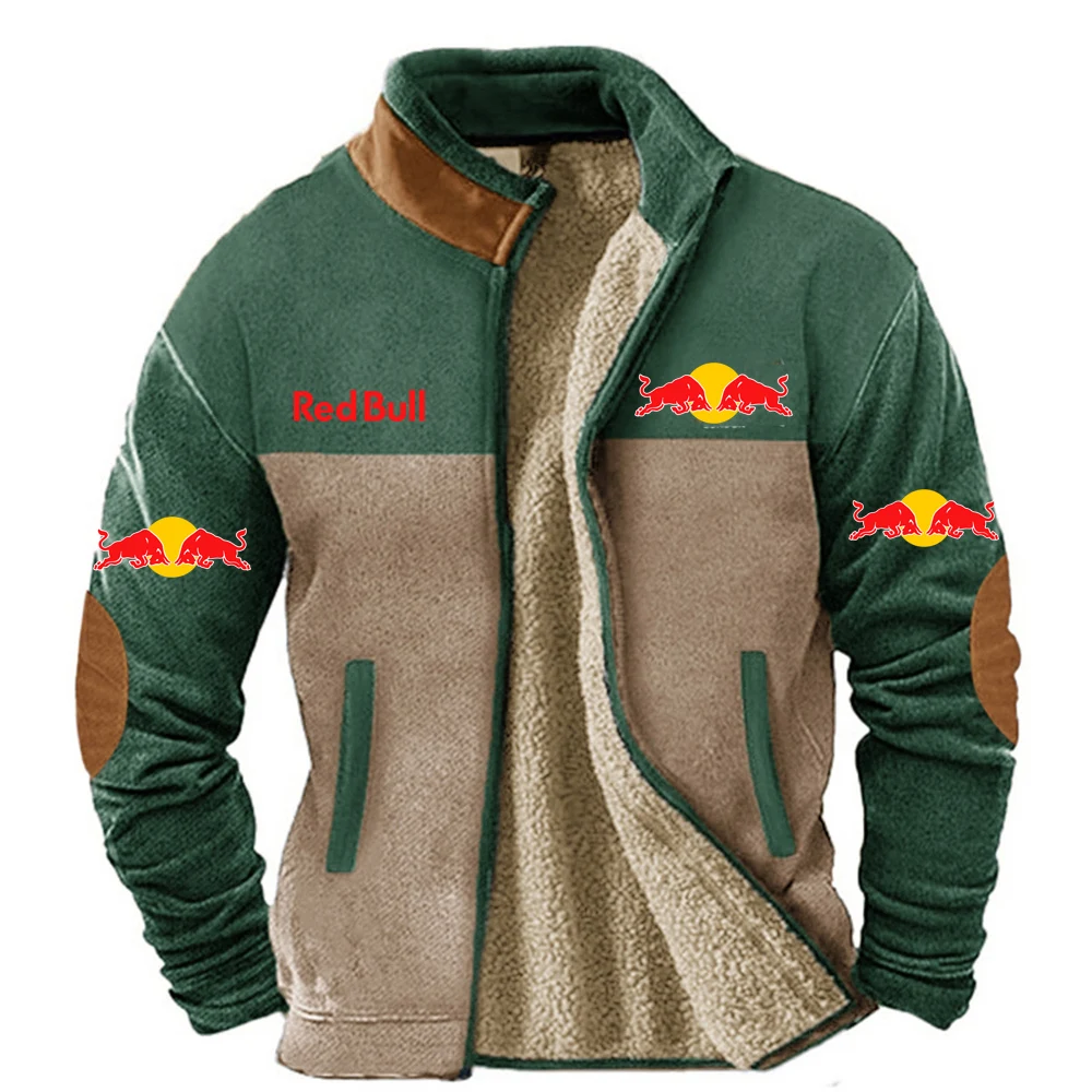 Nueva chaqueta de algodón para hombre con forro polar y chaqueta cálida estampada de Red Bull para personas de mediana edad y mayores en Europa y Ameri