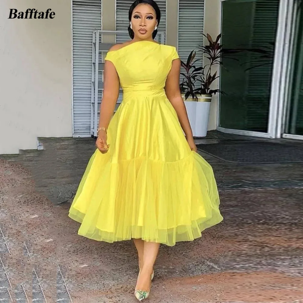 

Bafftafe Customized Yellow Tulle Midi Prom Dresses Cap Sleeves Tea-Length Homecoming Dress Formal Party Special Occasion Gowns