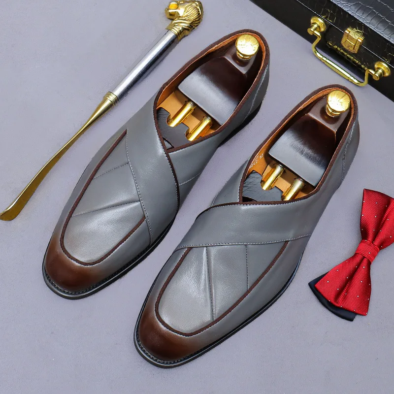 European Retro Mens Wedding Dress Shoes Genuine Leather Loafer Shoes Gray Casual Business Party Formal Shoes for Men