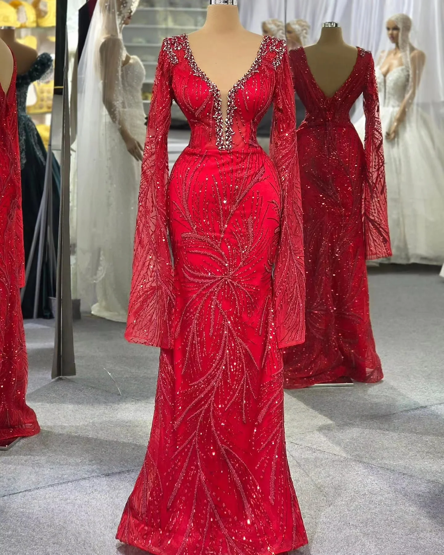 Red Middle Eastern Evening Dresses Luxury Long Sleeves Beaded Saudi Arabia Dubai Robe De Soiree Prom Dress Gown Customized