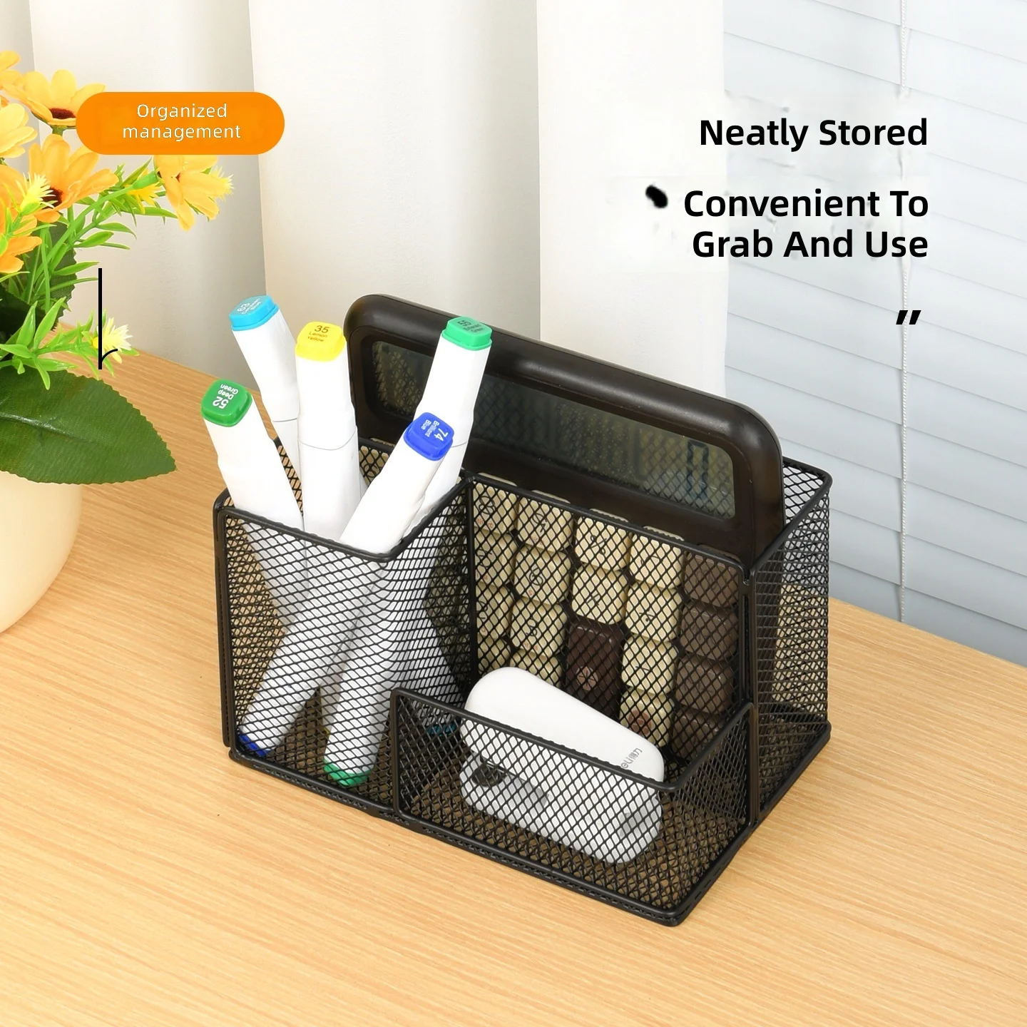 Office Mesh Desk Set Pencil Holder Desktop Accessories Storage Baskets 3 Compartments Metal Pen Holder