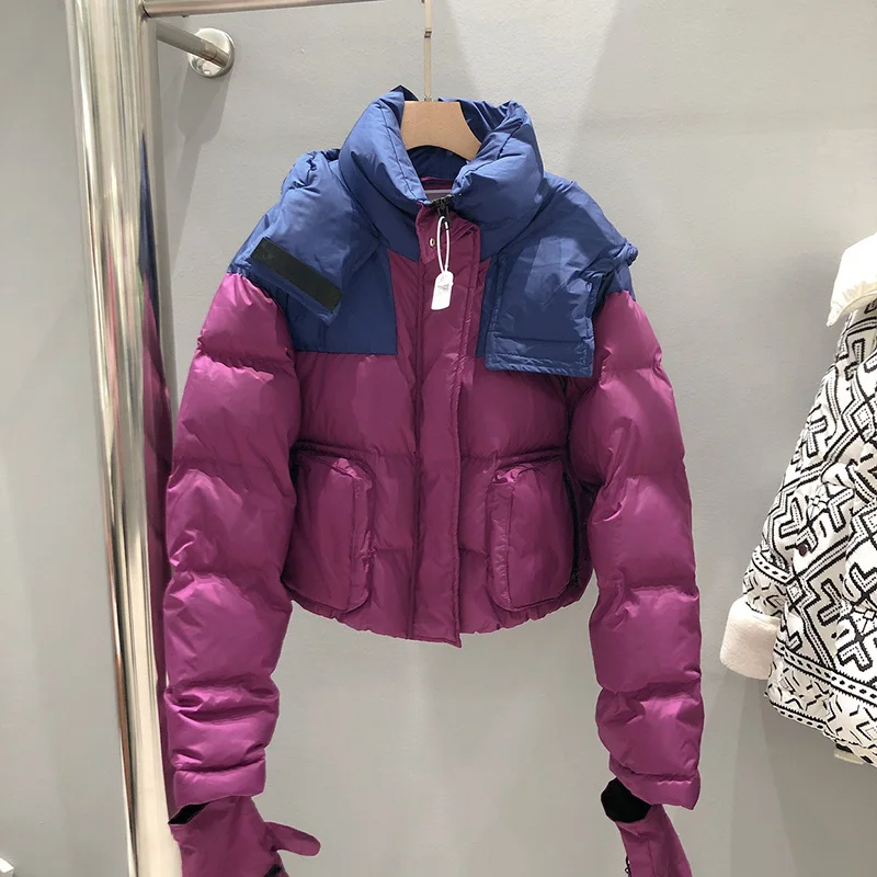 Imagem -04 - Contraste Cor Moda Woemn para Baixo Jaqueta com Capuz de Manga Comprida Recortada Puffer Parkas 2023 Novo Grosso Quente Solto Cabolsa de Inverno Feminino