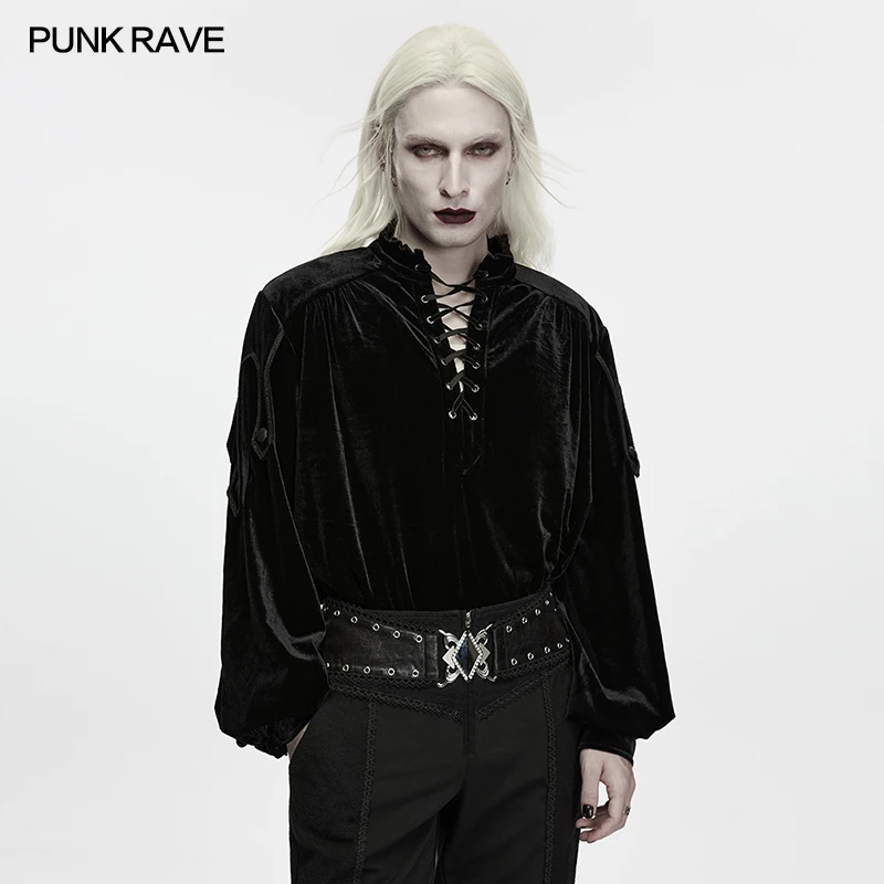 PUNK RAVE Men's Gothic Velvet Loose Drop-shoulder Lantern Long Sleeve Pullover Shirt Ruffled Neckline Cross-tie Party Tops