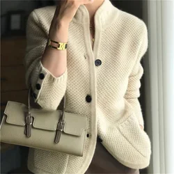 Stand Neck New Cardigan Sweater Women Fashion Loose Sweater Jacket Single Breasted Long Sleeves Elegant Casual Jackets Office