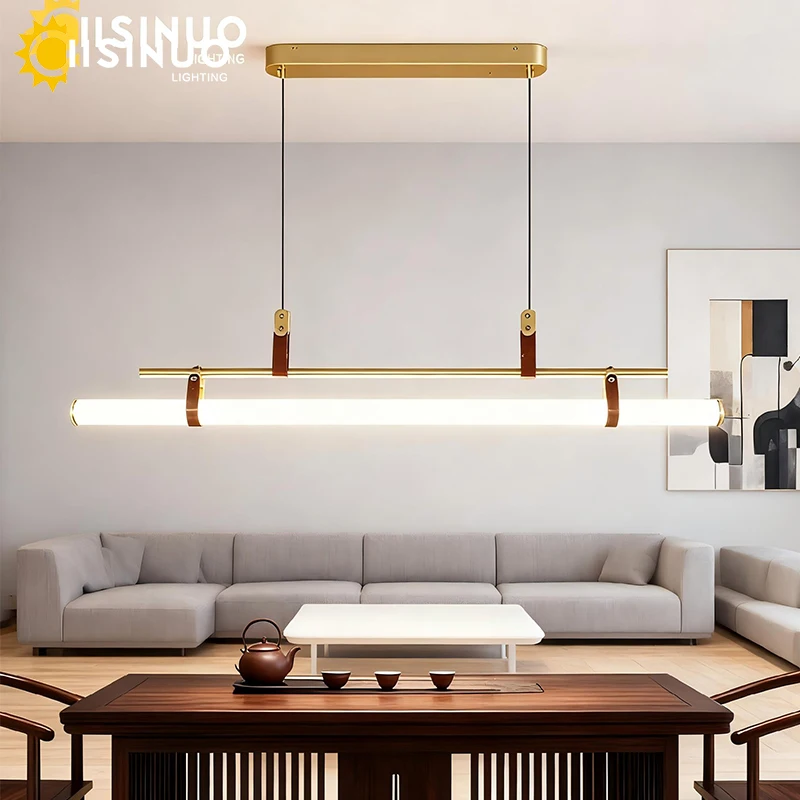 Minimalist Vintage Linear Chandelier Leather Decorated Long Strip LED Hanging Lamp for Dining Room Island Kitchen Pendant Lights