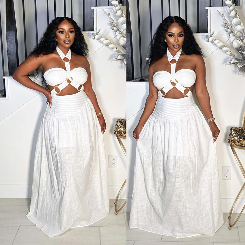 

Sexy White Outfits Women 2025 Summer Elegant Party Dress 2 Pieces Sets Padded Top with Halter Neck Long Skirt Two Piece Set