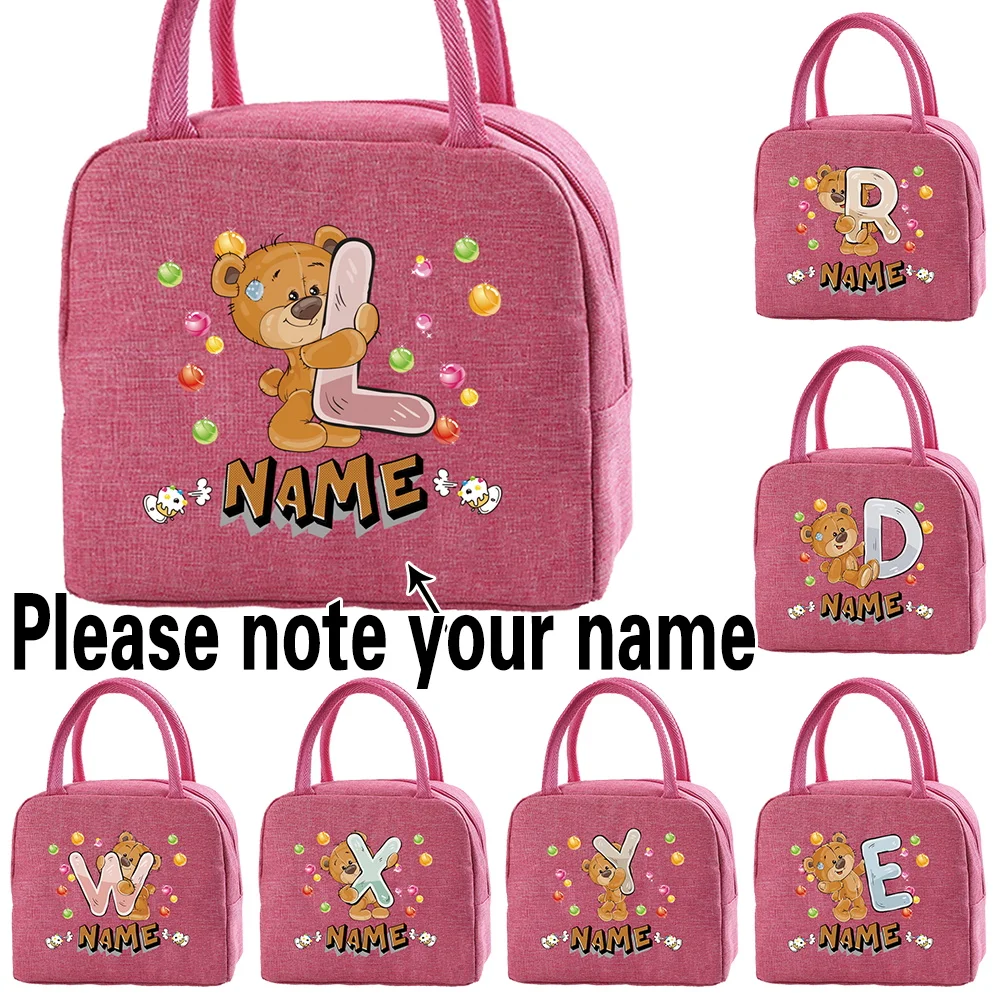 Customize Any Name Lunch Bag for Women Portable Cooler Pack Letter Pink Cartoon Tote Thermal Picnic Food Bag Lunch Bags for Work