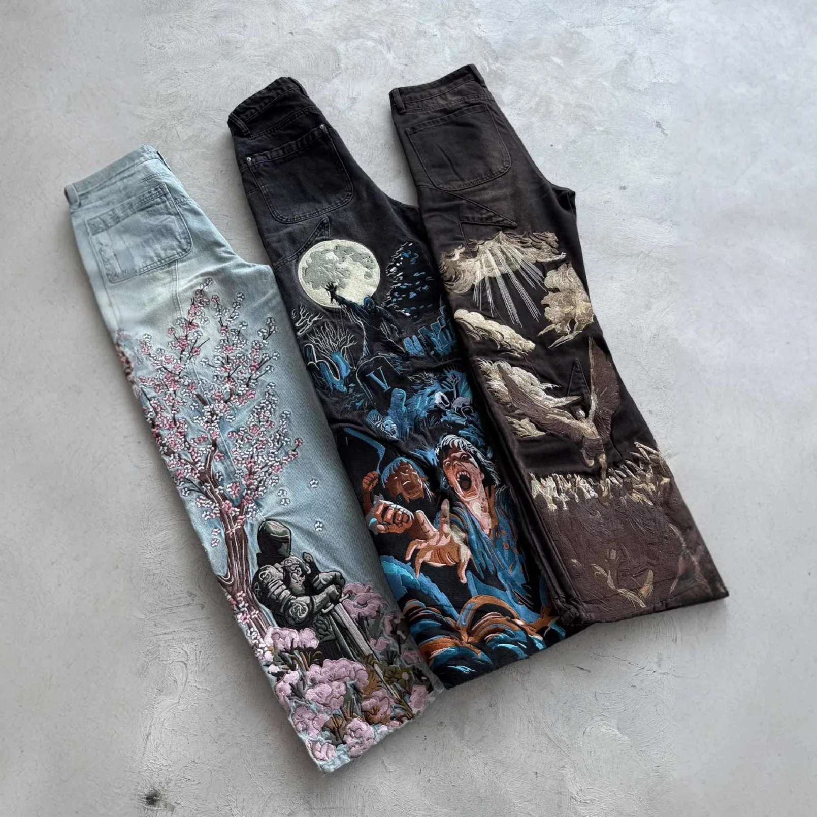 2026 New Cherry Blossom Embroidered Denim Jeans Retro Heavy Craft Wide Leg Trousers Unisex Casual Fashion Street Loose Bottoms