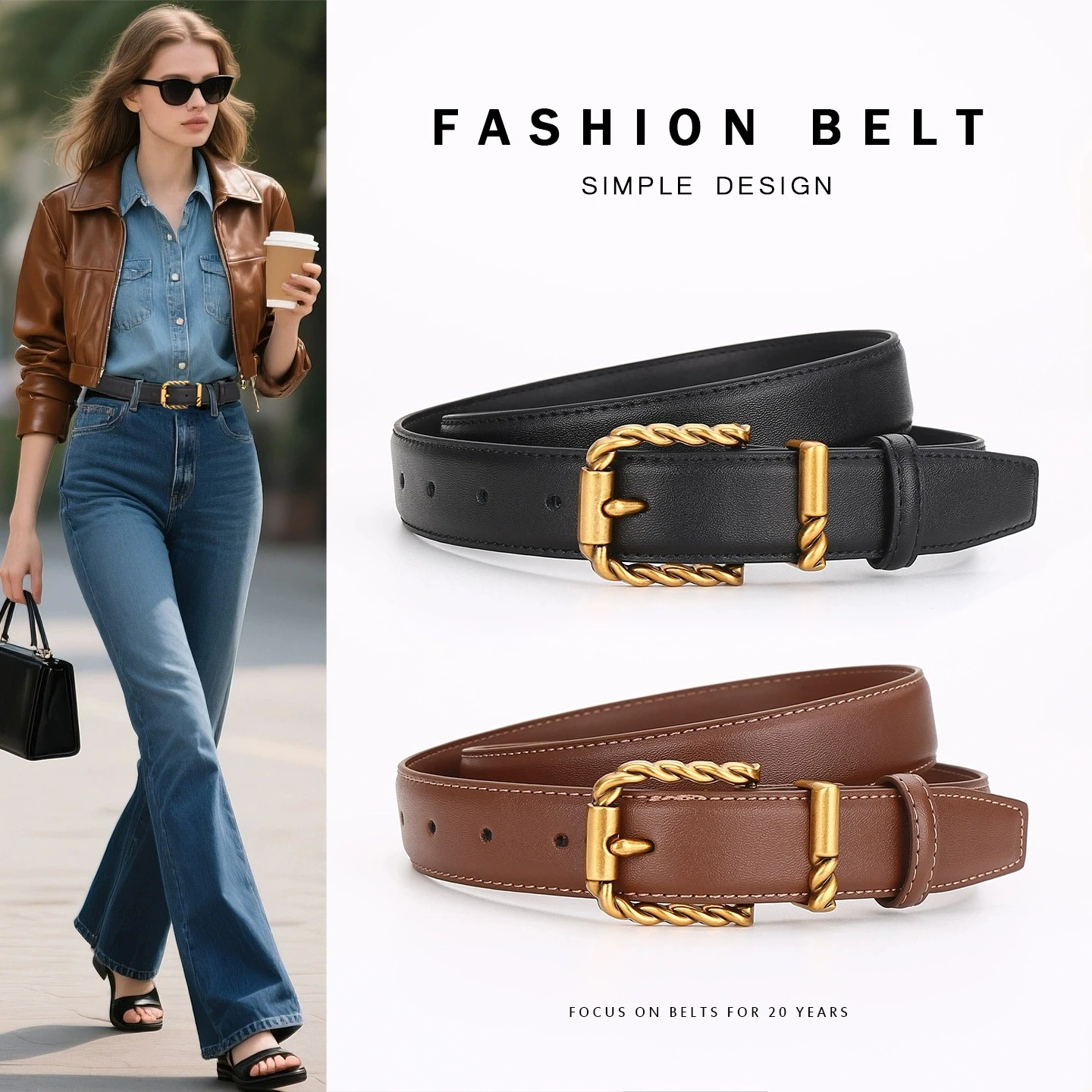 Ladies' Belt with a High-End Feel; Genuine Leather with a Fashionable and Versatile Black Decoration; Suitable for Business Use.