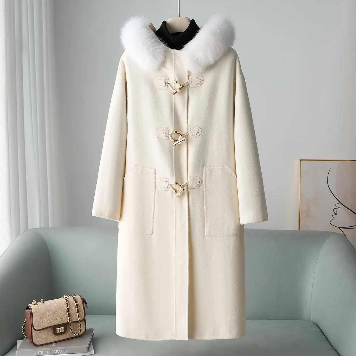 جديد خريف 2025 معطف صوفي 100% متعدد الاستخدامات من فرو الثعلب بقلنسوة طويل على الوجهين للنساء