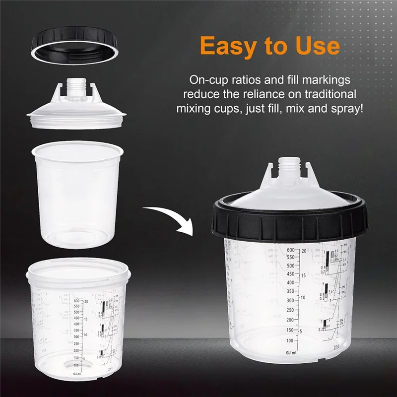 【Weltraumsparend】 Misch- und Farbbecher 20 Unzen (600 ml) Kit 50 Stück mit Deckel, inklusive System 1 Hartbecher mit Haltering und 20 Pl