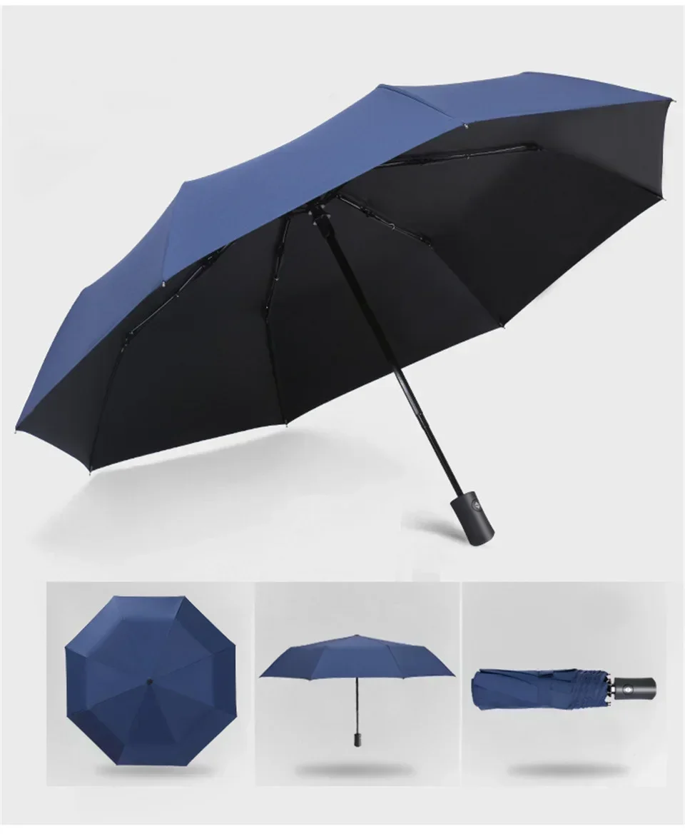 Automatic Rain & Sun Umbrella Black Coating Parasol Anti-UV 3 Folding Wind Resistant Auto Luxury Big Windproof Women Men 8Ribs