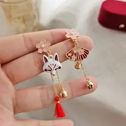 Pendientes de tuerca con borla de flor china para mujer, aretes colgantes de Animal lindo, temperamento japonés, pendientes de Sakura