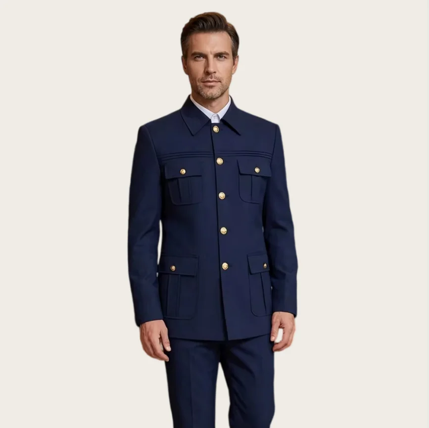 High Quality Safari Men's Suits Classic Slim Fit Multi Pocket Solid Color Casual 2-Piece Wedding Tuxedo Business Office Blazer