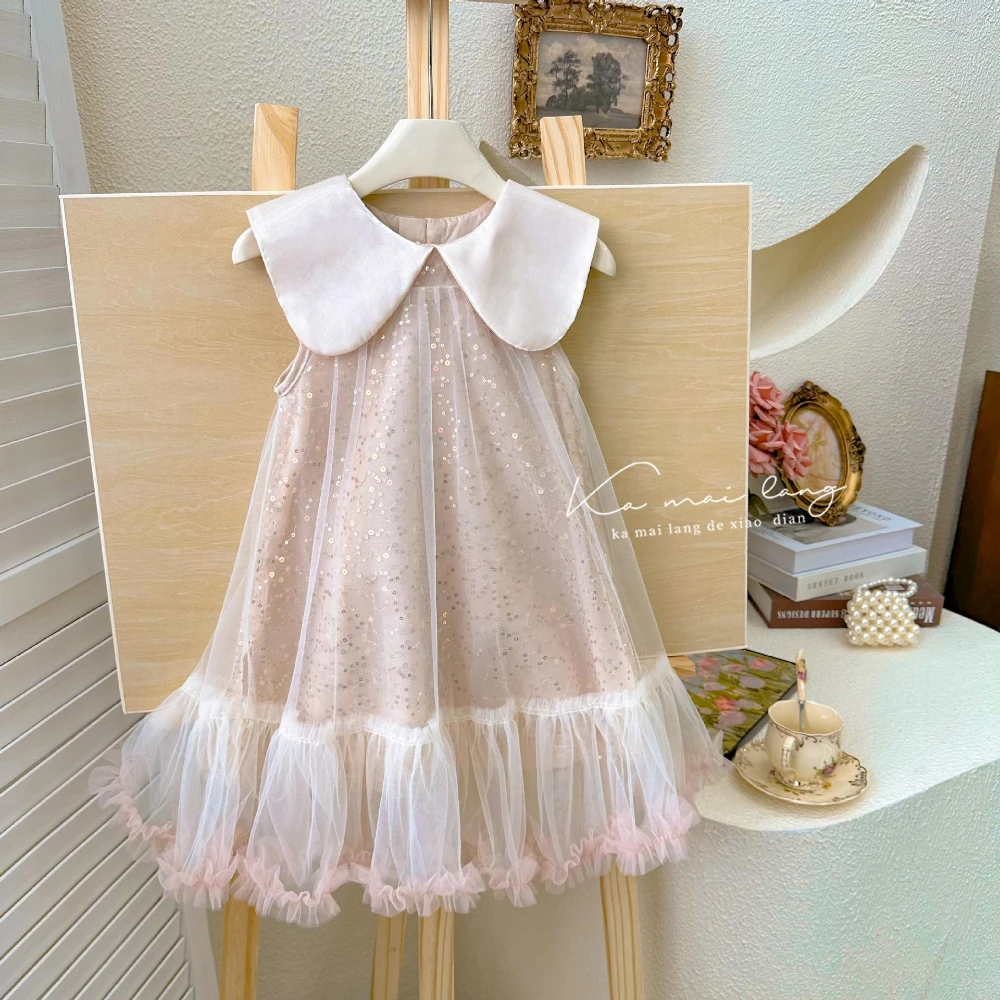 Girls Dress Summer Thin 2024 New Summer Korean Style Fashion Style Baby Birthday Princess Dress Children Tutu Pink Skirts