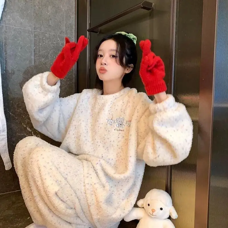 

Женский пижамный комплект с героями мультфильмов, осенне-зимний теплый пижамный фланелевой пижамный комплект, коралловый флис, одежда для сна для девочек, кавайная домашняя одежда с полуволосом