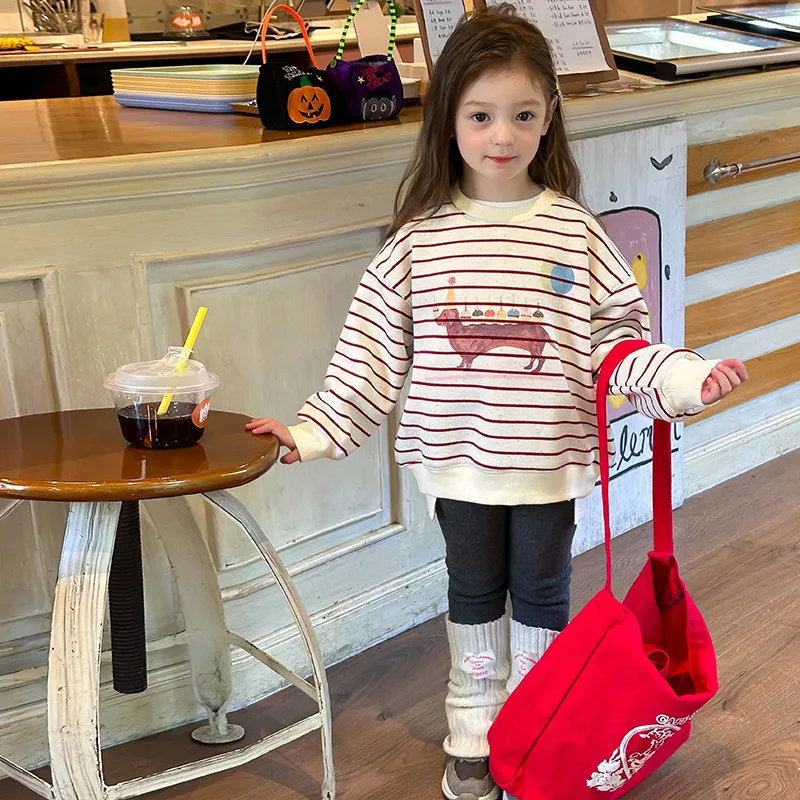 Girls Hoodie 2024 Winter New Childrens Clothes Baby Girls Ollie Cashmere Warm Cartoon Striped Hoodie Casual Simple Daily