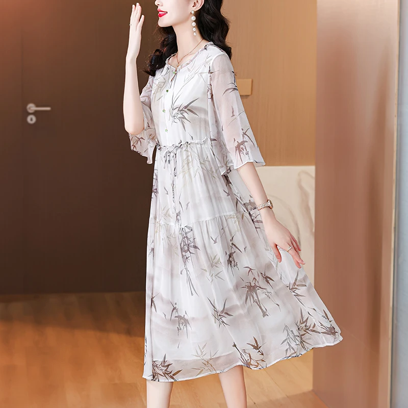 2024 Frühling Sommer Blumen Seide Midi Kleid Frauen Vintage Boho Mode lässig Licht Kleid koreanische elegante Luxus Festival Vestidos