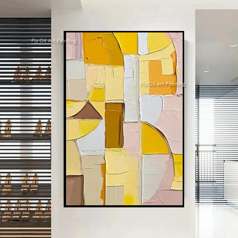 Fashional Yellow Beige Orange Handmade Simiple Blocks Oil Painting On Canvas Hand Made Grey Blue Wall Art For Room Hall Decor