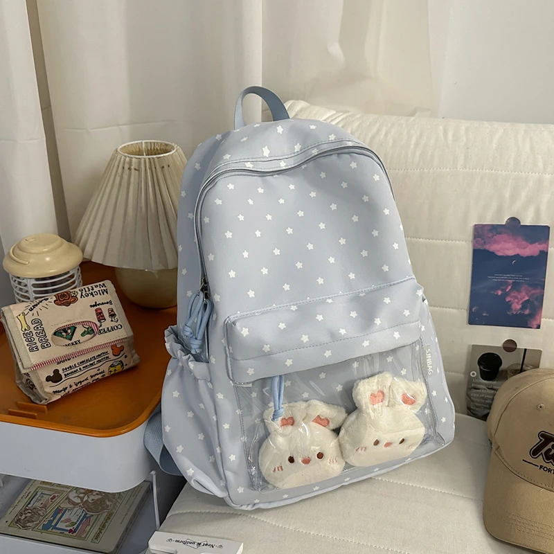 Women's Light Blue Star Print Backpack with Clear Pocket Plush Bunny Decor Casual School Daily Travel Bag 2026 New Back Packs