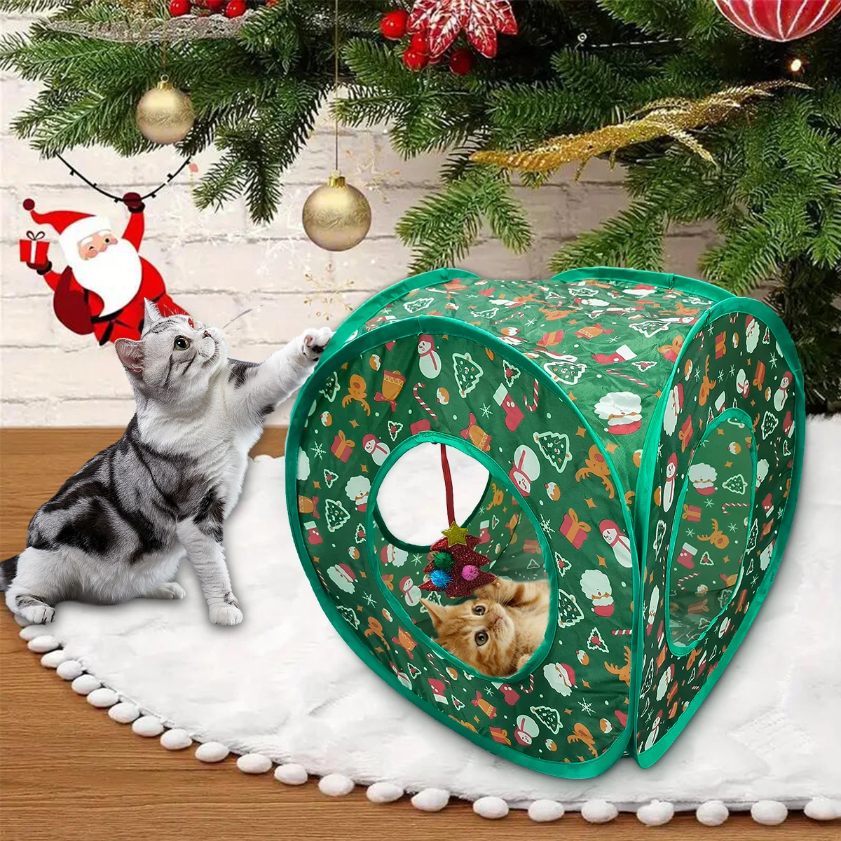 1PC Christmas Design Cat Tunnel Dog Training Tunnel Foldable Storage Tunnel Pet Toy Cat Interactive Toy Play Tunnel/Cat Nest/Rabbit Nest/Small Pet