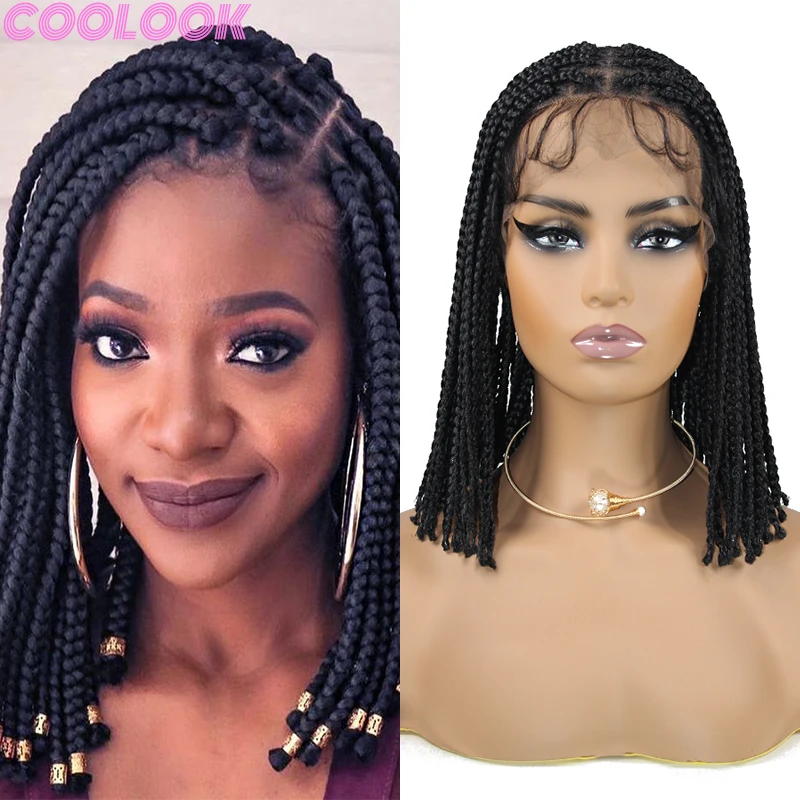 Synthetic Short Bob Braided Wig with Bangs 10'' Distressed Full Lace Braids Wig for Black Women Shoulder Length Twist Braid Wigs